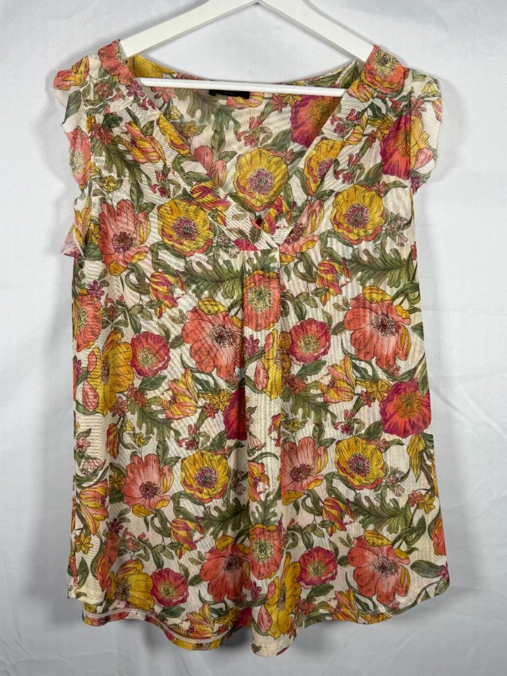 Lane Bryant Floral Sleeveless Top Size 14/16 Orange Yellow Flowers Flowy Frilly
